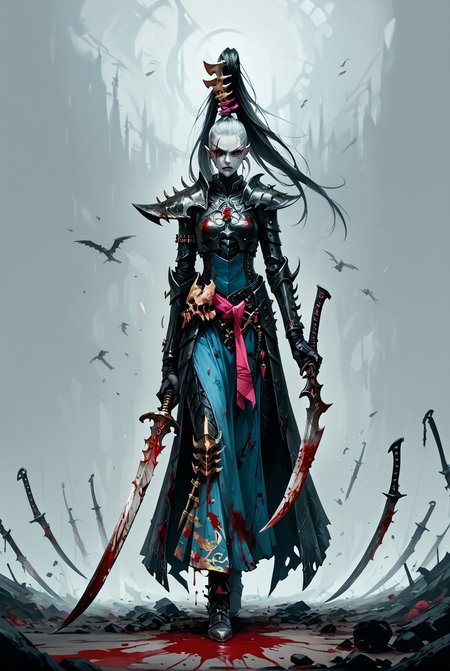 score_9, score_8_up, score_7_up, score_6_up, score_5_up, score_4_up, source_anime, <lora:aeldari_Pony_2:1> aeldari, drukhari, standart drukhari, full black drukhari's armor, 1girl, armor, blood, colored_skin, dagger, holding_sword, holding_weapon, jewelry, long_hair, sword, weapon, pale skin, ((black armor)), full body, Standing on a huge pile of bloody corpses of people