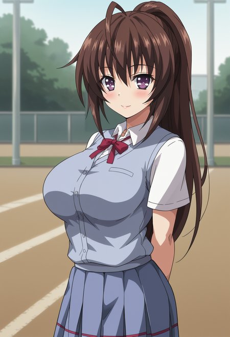 <lora:Suzuka_Ashiya-Pretty_x_Cation_2:0.8>,Ashiya,1girl,solo,brown hair,long hair,purple eyes,large breasts,ponytail,school uniform, skirt,cowboy shot, arms behind back, looking at viewer, blush,smile,outdoors