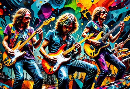 a colored  painting of a Rock band  on a concert   , (8k, RAW photo, best quality, masterpiece:1.2),best quality, ultra high res,(sharp focus:1.2),DOF, geometric patterns, intricately detailed, perfectly balanced, deep fine edges, artistic photorealism,photorealism, vivid colors,, 8K, UHD, many details, extreme detailed, full of details, BadDream, Jed-Splash,    <lora:ColourfullSplashStyle:0.5>