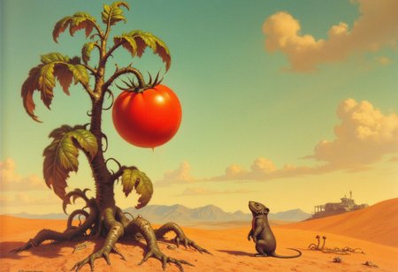 Frank Frazetta sci-fi oil  painting of just a mutate tomato plant in the apocalypse, desert background very dry, tomato plant is brown and dying, there is a single pristine tomato growing on the plant, a small alien rodent is standing beneath the tomato looking up at it,  a classic gothic baroque fantasy art painting with vibrant colors, digital artwork, illustrative, matte painting, highly detailed, highly dramatic lighting