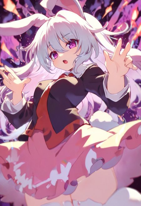 touhou, reisen udongein inaba, solo, 1girl, animal ears, breasts, finger gun, fingernails, hair between eyes, black jacket, long hair, long sleeves, medium breasts, teeth, looking at viewer,( necktie: 1.0), open mouth, purple eyes, rabbit ears, rabbit girl, rabbit tail, (skirt: 1.0), solo, tail,( thighhighs: 1.0), zettai ryouiki,( dynamic pose: 1.1), dramatic lighting,( foreshortening: 1.0), white hair,( red necktie: 1.0), pink skirt, purple light, Zankuro, masterpiece, best quality, very aesthetic, absurdres, Alphonse Mucha Style page, Tarot Card Style