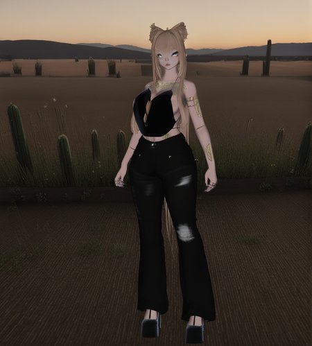 <lora:carmel-000010:1>,1girl, carmel(ori),animal ears,blonde hair,bangs,long sidelocks,long ponytail,body tattoo,black nails,nail polish,grey eyes,
black high heels,black pants,black camisole,sideless shirt,backless outfit,bare shoulders,ring,
huge breasts, 
meadow, wildflowers, grass, rollinghills,looking at viewer, 
desert, dunes, cactus, heat,
very awa, masterpiece, best quality, highres, absurdes,amazing quality,very aesthetic,intricate details, <lora:hand 5.5:1>