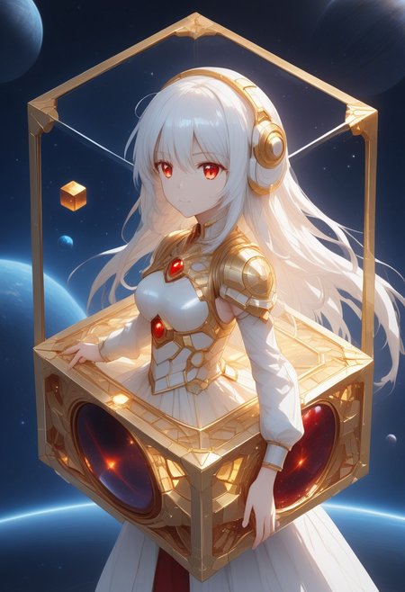 (masterpiece), best quality, Anime, (Floating Cube, (planet, outer space)), White Background, No Humans, Gold and White Theme, Gold Filigree, (Light Refraction), Symphtia-Style, Zyrnox-Exoterra Style, (1girl, white hair, red eyes, holding cube)