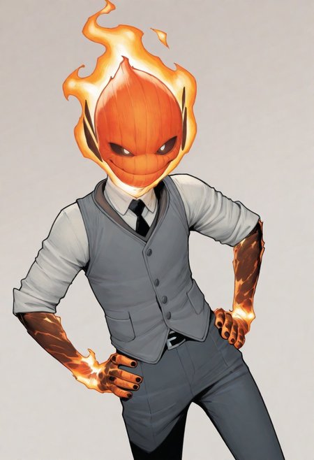 masterpiece, absurdres, high quality, perfect anatomy, 1boy, solo, cute boy, male focus, doyle, Orange Fire, Black Scelera, colored scelera, white shirt, grey vest, belt, sleeves rolled up, smug smile, hands on hips, cinematic, intricately detailed illustration, depth of field, masterpiece, best quality, amazing quality, very aesthetic, absurdres, newest, very awa,  shadow, dynamic angle, casual cosplay, dynamic pose, simple background,