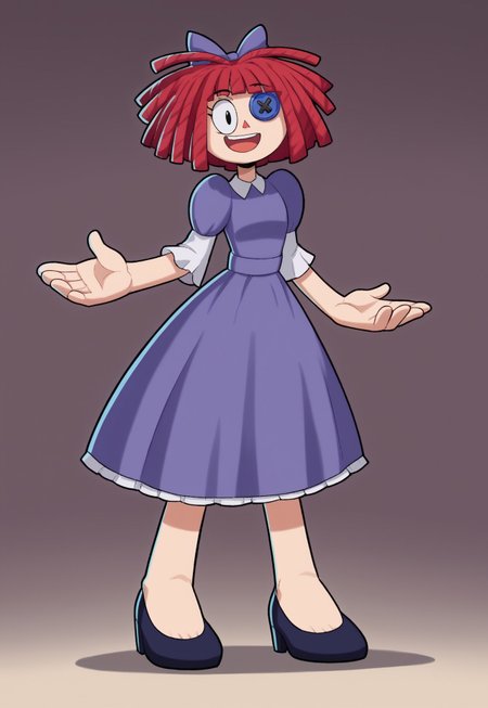zPDXL, score_9, score_8_up, score_7_up, source_anime, 1girl, solo, 1girl,rag-doll, red yarn-like hair, flat orange triangular nose, blue button eye and black pupil in actual eye, purple bow in hair, purple dress with darker patches, white undershirt, big feet, big shoes, happiness, happy, perfect hands, perfect face, elegant, tall lady, prngs