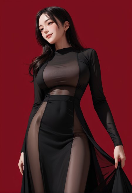 1girl,red background,,ruanyi0926,black dress,long sleeves,side perspective,long skirt,see-through,taut skirt,
cowboy shot,<lora:0926 Home wear 7_v1_pony:1>, score_9, score_8_up, score_7_up, score_6_up, score_9, score_8_up, score_7_up, score_6_up source_anime, blush, 1girl, seduce smile, perfect body , natural huge breasts