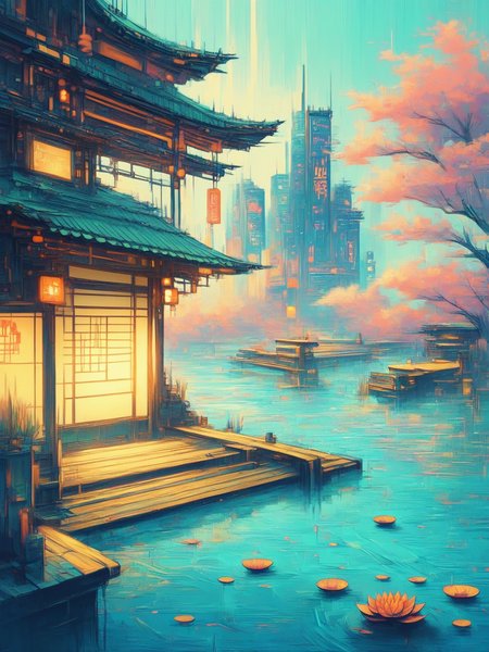 score_9, score_8_up, score_7_up,  pony, water lily and japanese bridge,  cyberpunk <lora:Neon_Cyberpunk_Impressionism_Pony:1>