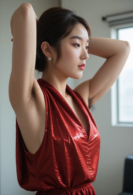 score_9, score_8_up, score_7_up, ladyburns, sideburns, 1girl, solo, jewelry, earrings, brown hair, asian, profile <lora:Lady_Sideburns-000008:1>, arms up, hands behind head, sleeveless red dress, shiny dress, armpit hair, ((hairy armpits)), broad sholders, athletic  arms, fit woman, woman in backgrown wearing gowns, ball room party