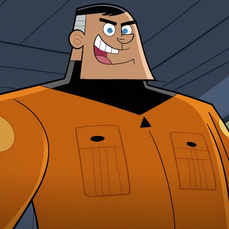 1boy, robust physique, cartoon style, solo, male, broad shoulders, square jaw, round eyes, short black hair, fat, white streaks in hair, orange jumpsuit, black gloves, black boots, black undersuit, utility pockets, tall figure, cartoonish proportions, blue pupils, fat man, 4k, masterpiece, best quality, highly detailed, detail background, closed mouth, happy, He is lying on a couch, with one hand on his belly, in a messy living room, close up, down angle, worm´s eye view, pov