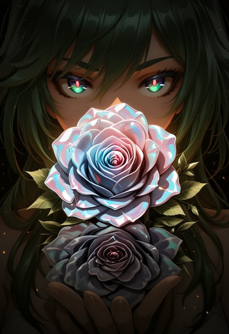 himitsu \(hi mi tsu 2\), reiq,
(very awa, masterpiece, best quality:1.2), general, lineart:1.2, genshin impact,
close-up,plant focus, (Iridescent rose:1.5), 
iridescent:1.2, 1r1d3sc3nc3,chromatic abberation, light particles, black background, (shiny, abstract:0.7), underlighting:1.2,  reflection, , 
<lora:NOOB_vp1_detailer_by_volnovik_v1:0.7>  <lora:1r1d3sc3nc3XL:0,6> <lora:spo_sdxl_10ep_4k-data_lora_webui:1>