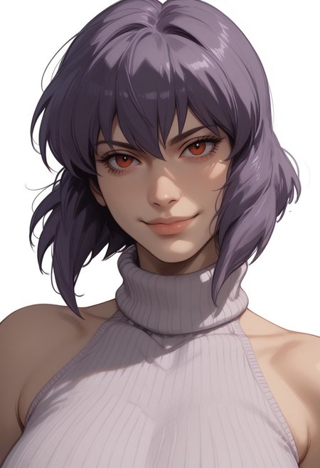 score_9, score_8_up, score_8, score_7_up, score_7, ((close up)), face focus, Expressiveh
BREAK
1girl, solo, kusanagi motoko, large breasts, looking at viewer, head tilt, seductive look, aroused, horny, standing, light purple turtleneck sweater, light smile
BREAK
white background