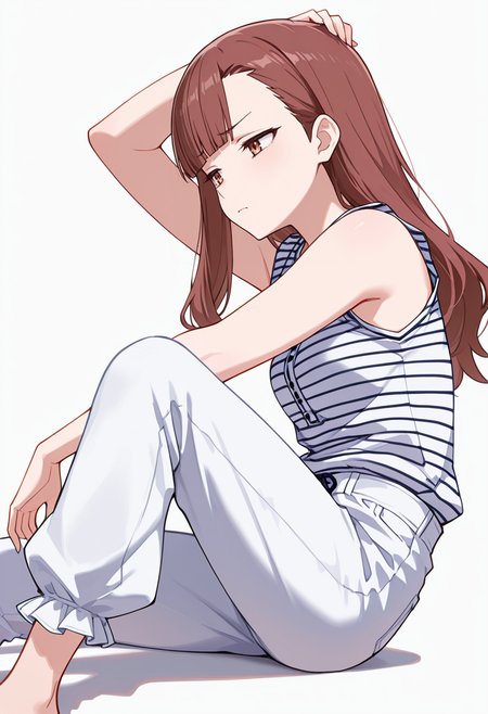 masterpiece,high quality details, absurdres,
<lora:Nagisa_Satou:0.8>
nagisa_cnr, 1girl, brown hair, long hair, blunt bangs, asymmetrical bangs, brown eyes,, simple background, white background, from side,solo,, furrowed brow,disdain,, reclining sideways,one arm supporting head,one knee on ground,, striped shirt,sleeveless shirt,bell-bottom pants,  ,frilled legwear,