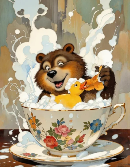 <lora:bear:1>, Playful cartoon bear taking a bath in an oversized teacup filled with soapy water, using a rubber ducky shaped like a fish. Add comical elements like steam forming cloud shapes and shampoo bubbles forming hearts