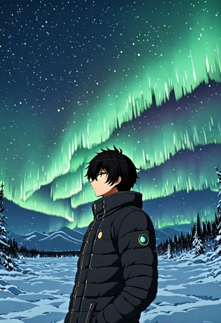 high resolution, solo, best quality, 1Boy, Seiya Kanie, black hair, short hair, thin, winter, Northern Lights, Stargazing, OverallDetail