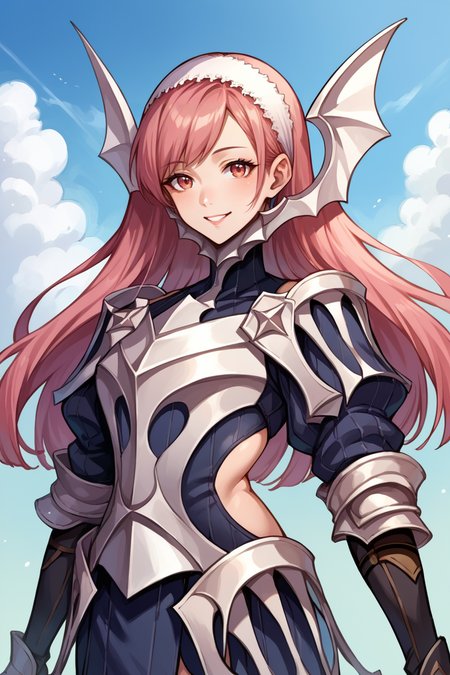 score_9, score_8_up, score_7_up, score_6_up, source_anime BREAK 1girl, solo,  <lora:fecherche-pdxl-nvwls-v1-000005:1> defcherche, pink hair, white hairband, headgear, armor, armored dress, gauntlets, black gloves, smile, looking at you, blue sky, clouds