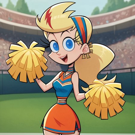 score_9, score_8_up, score_7_up, 1girl, blonde hair, long hair, head scarf, jewelry, blue eyes, medium breasts, narrow waist, wide hips, looking at viewer, cheerleader, pom pom \(cheerleading\), fca style, toon \(style\), <lora:Sissy_Blakely:1>