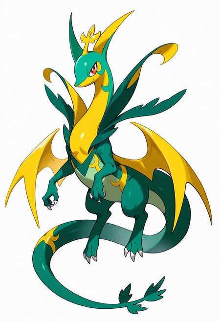 (masterpiece, best quality, high quality, highres), very awa, highres, absurdres,
pokemon fusion, pokemon \(species\), (no humans:1.1), (solo:1.2), full body,
(charizard:0.65), (serperior:0.6),
green skin, wings, yellow body ornament, agile,
simple white background,