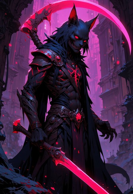 A humanoid cat demon holding a red bloody scythe, glowing an ominous magenta color.
Niji Stan Katayama style.