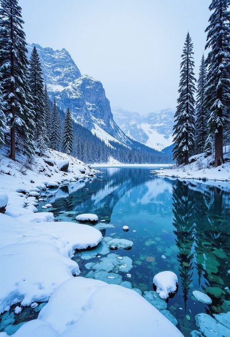 CAICO, idyllic winter scene of ice forming around the margins of a mountain lake, snowy forest, snow falling