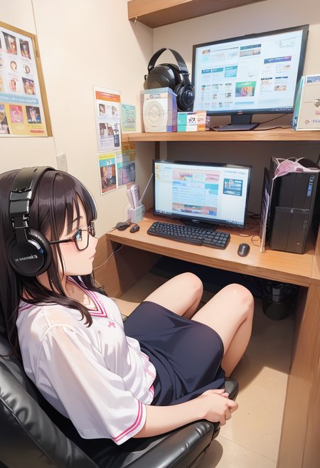 score_9, score_8_up, score_7_up, rating_safe, masterpiece, best quality, absurdres, unity 8k wallpaper, official art, official style, source_anime, uncensored, game cg, megami magazine,
1girl, glasses, solo, 
necafe, scenery, headphones, keyboard (computer), sitting, monitor, black hair, computer, mouse (computer), chair, indoors, desk
<lora:NetCafe_PONY_V1:1>