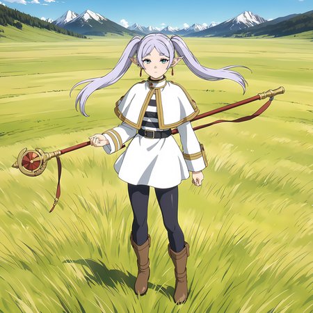 <lora:FrierenXL004>,<lora:DetailedEyes_V3:1.6>,
solo,
anime screencap,
best quality,masterpiece,
Frieren,1girl,light purple hair,twintails,multicolored eyes,earrings,
capelet,jacket,striped shirt,
belt,skirt,
pantyhose,
brown boots,
grassland,sky,wind,nature,mountain,
full body,holding staff,two-handed,