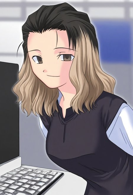masterpiece, best quality, <lora:Tsukihime NXL:1>,solo,masterpiece, best quality, 
1girl, female focus, large breasts,  solo, brown eyes, thin brown streaks in hair, black hair, thin blonde streaks in hair, multi-colored hair, medium hair,wavy hair, hair part, side part, hair slicked back, small mouth, short nose, small nose, cute face, soft hair,
indoor, office, head tilt, hands behind back, leaning forward, quarter view,  innocent smile, comforting feeling, 
computer,