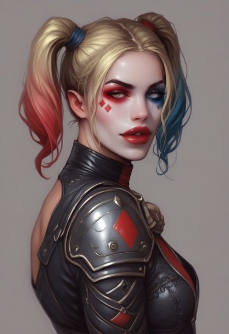 "Harley Quinn" from DC Comics,dark background full of black smoke,evil,sinister mood,intricate details,highly detailed photograph,8K,extreme photography,masterpiece,trending,pulls the viewer in,expert use of shading gives a 3d effect,(photorealistic:1.6),film grain,photographed on a Sony A7R IV,18mm F/1.7 cine lens,(highly detailed, intricately detailed),8k,HDR, dynamic angle, ultraHD
dynamic pose
(((full-clothed))), 
BREAK 
strange world background score_9, score_8_up, score_7_up, score_6_up, source_cartoon, rating_explicit, Expressiveh, (((((upper body, portrait))))), dynamic pose