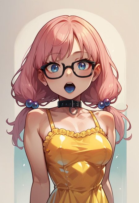 score_9, score_8_up, score_7_up, score_6_up, score_5_up, score_4_up, 1girl, long hair, pink hair, blue_eyes, medium_breasts, petite, cute, looking_at_viewer, pigtails, hair_bobbles, hands_on_hips, glasses, black_nails, Perfect Hands, perfecteyes,frilled_collar, blue_tongue, blue tongue, open_mouth, black crystalline dress, black_dress, sundress, covered_erect_nipples