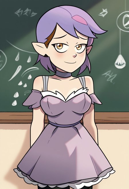 deadinsidestyle, chap, 1girl, solo, in front of black board, frilled_dress,