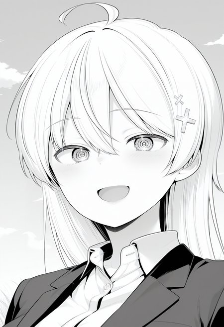 monochrome, greyscale, hiwamura_hiyori, @_@, ahoge, grey eyes, white hair, long hair,  cross hair ornament, suit, jacket, collared shirt, pencil skirt, <lora:hiwamura_hiyori_illustrious_ver1:0.8>
smile,, masterpiece, best quality, general,, 1girl, solo, (field:1.2), (blue sky:1.2), looking at viewer,, (upper body:1.2), (close-up:1.2), (facing viewer:1.2), (open eyes:1.4), (portrait:1.2)