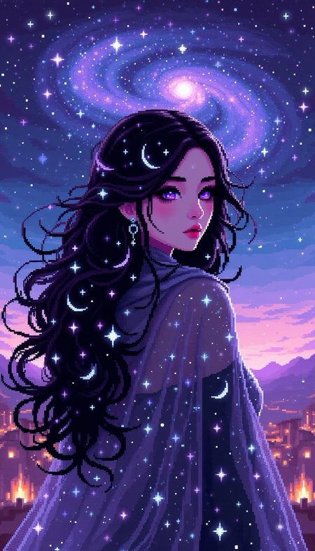 pinkpixelicious,
A mystical woman with flowing midnight-black hair laced with silver strands, resembling the Milky Way. Her violet eyes are framed by long dark lashes, and she wears a sheer, starry cloak that glows softly. Crescent moon charms dangle from her ears, and behind her, a vast cosmic landscape of swirling nebulae and ancient temples stretches infinitely.