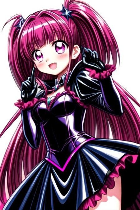 Bad_End_Precure, DarkPrecure, corrupted princess wearing dark pastel (ruffled:1) (gleaming latex:1) gown with (latex vampire cloak:1) and (detached frilly wide sleeves:1), soft lighting, ruffles, (cute little fang:1)
(vmpr:1),
<lora:more_details:1>,