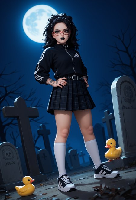 score_9, score_8_up,score_7_up, source_anime, 1girl, solo, <lora:DMCNC_pdxl_EliPot:1> Ncltt, mature female, 
black hair, long hair, brown eyes, glasses, red-framed eyewear, plaid hairband, freckles, 
arm tattoo, hand tattoo, nail polish, 
 tsundere, :T, flustered, night, tombstone, graveyard, moon, moonlight, spooky, makeup, eyeliner, black lipstick, gothic, sound effects, looking at viewer, kneehighs, white legwear, sneakers, adidas, track suit, black jacket, miniskirt, black skirt, pleated skirt, studded belt, studded bracelet, studded collar, rubber duck, dutch angle