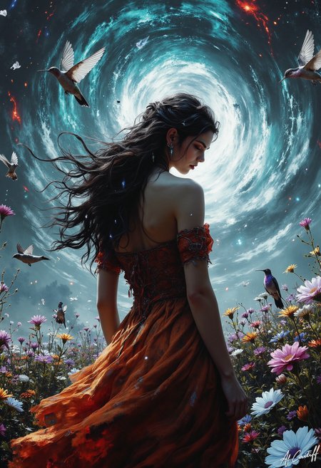 Reality bends in this electrifying tableauâa 28mm fisheye lens warps the world into a swirling dreamscape, the Dutch tilt yanking the horizon into delirium. A woman with raven-black hair and piercing lavender eyes stands at the vortex, her burnt sienna gown rippling as if caught in an unseen storm. Three iridescent hummingbirdsâglowing like fractured prismsâcling to her shoulders, while silver doves slash through the air above her, wings a frenzied blur of motion. The very atmosphere pulses around her: flowers smear into neon streaks, the sky bleeds turquoise and crimson, and the depth of field pulls focus like a feverish gasp. Her eyes are closed, serene, as if she alone remains still in this maelstrom of color and distortionâa goddess unraveling the seams of perception., fg<lora:CustomFlux/MysticFantasy.safetensors:0.5000000000000001:0.5000000000000001> <lora:Flux/Stylized-Super-Texture.safetensors:1.0000000000000002:1.0000000000000002>