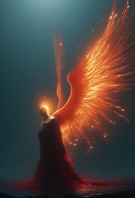 A wounded angel with majestic wings, stained with blood, bowing down in a sea of darkness, with fiery sparks swirling around. CINE