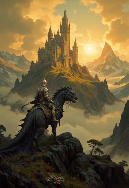 8k high quality digital painting , masterpiece, very detailed, ultra realistic, (best quality) very detailed epic masterpiece, 
unearthly beautiful, a breathtakingly beautiful landscape in the French Alps, in the foreground a shiny knight riding on a black dinosaur-like dragon watches a beautiful castle in the distance, the low  yellow sun casts long shadows, breathtaking light effects by the sun, enchanting landscape, fairytale-like, calm mood, flowers in the foreground, realistic