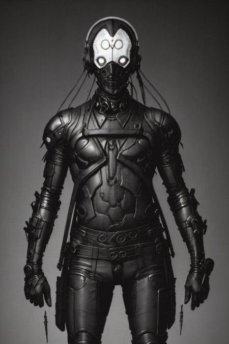 (humanoid with a white synthetic skin face full of cybernetic implants), (black leather futuristic cybernetic suit:1.8), (sword fighting pose, swinging sword:1.7), (thick dark leather coat with neck cover:1.3), (cross tattoo only on forehead:1.3), 1guy, blue sky, cloud, collarbone (looking at viewer and smiling:1.2), (white reflective eyes:1.1), sky, solo, upper body, ((masterpiece)), (smirk512:1.3), (synth goth cyber armor with metal plates:1.3), (thick stretched neck guard made out of body pipes:1.2), <lora:epiNoiseoffset_v2:1>, (masterpiece), (best quality), (high resolution), hyper detailed, detailed_background, cables, dim light, vast, space age architecture, communism architecture, Bauhaus, (dimly lit pale eyes:1.4), (head tattoos:1.8), (military armored jacket:1.3)
OrganicBiomArt, <lora:bodhor:0.4> <lora:Blame!:1>
((environment falling apart)), (catastrophic failure), (action shot:1.6), (dark photo:1.11), (hyper realistic:1,11), (high contrast:1.22), (detailed skin texture:1.33), (blush:0.6), (goosebumps:0.5), subsurface scattering,