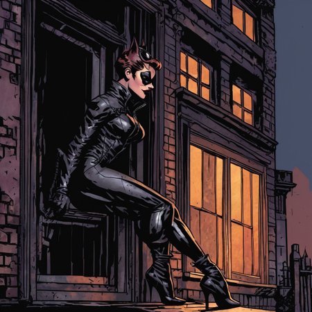 high-definition 8k comicish artwork in dgst artstyle of catwoman (wearing a black leather catsuit and high heels) climbing a building, late night and bright warm windows