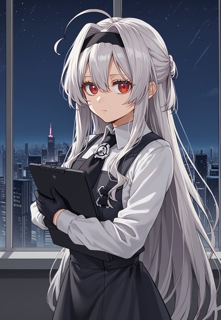 1girl, solo, solo focus, highres, absurdres, Eve.AIC, very long hair, red eyes, black hairband, ahoge, white shirt, long sleeves, black gloves, white hair, collared shirt, pinafore dress, bangs, necktie, hair between eyes, hair intakes, black dress,

looking at viewer, expressionless, holding tablet pc, from side,

window, cityscape, science fiction, cyberpunk, dark, night, night sky, 