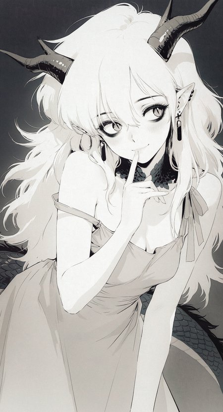 1girl,  (m omoo:1.25), (retro artstyle:1.3), (1980s \(style\) :1.2), bluethebone, sketch, 
,
solo,dragon girl, greyscale, monochrome, slit pupils, looking aside, looking to the side, portrait,  head tilt, light smile, blush,  leaning forward, finger to mouth, strap slip, single bare shoulder, single off shoulder, sundress, bags under eyes, black eyeshadow, dragon horns, black scales, earrings, pointy ears, 
masterpiece, high score, great score, absurdres,
<lora:nhl-001-20:0.25> nhl-001,
<lora:nhl-002-nai:0.5> nhl-002,
<lora:nhl-003:0.25> nhl-003,
<lora:nhl-004:0.7> nhl-004, 
<lora:tenebriflora-wai:0.5> tfaix, 
masterpiece, best quality, amazing quality, very aesthetic,