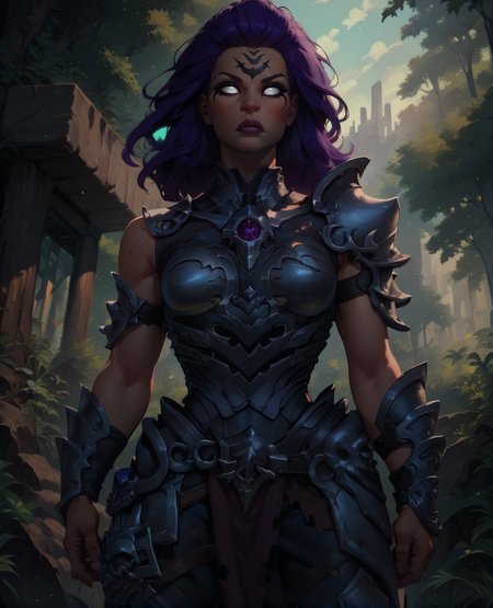 score_9,score_8_up,score_7_up,score_6_up, 
Furyxl,large purple hair,lips,no pupils,white eyes,forehead mark,
standing,serious,
shoulder armor,breastplate, greaves, 
large trees,morning,destroyed city,<lora:Fury:1>,
