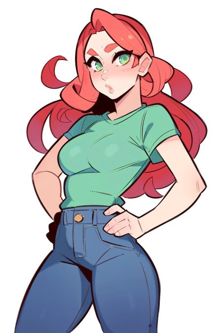<lora:SplashBrush:1>, score_9, score_8_up, score_7_up, score_6_up, score_5_up, rating_questionable, source cartoon
1girl, pretty face, pretty eyes, detailed eyes, HD eyes, thick thighs
hands on hips, standing, cowboy shot
looking at viewer, blush, eyebrows, long hair, red hair, green eyes jeans, green t-shirt, boots, high waisted jeans
simple background, white background