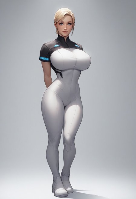 score_9, score_8_up, score_7_up, score_6_up,
high quality, high detail,
((masterpiece:1.2, best quality:1.2, dynamic lighting:1.1,))
full body shot, straight-on, bilaterally symmetrical,
1girl, solo,
<lora:KaraDBH:0.7>,
lips,
perfect eyes, perfect lips,
blonde hair, short hair, short ponytail,
blue eyes,
long legs, wide hips, thick thighs, huge breasts,
bodysuit, pants, short sleeves, white shirt, black sleeves, white pants, white footwear,
shy, light smile,
hands behind back,
standing, looking at viewer,
futuristic, Sci-Fi,
white background,
simple background,
