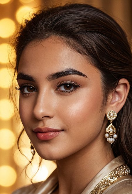 (masterpiece), (high detail), (cinematic lighting), laylalux, close-up headshot of a 20-year-old Middle Eastern woman with sculpted brows, almond brown eyes, and matte lips, hair pulled behind ears, wearing pearl earrings and a silk robe, slight smirk, soft backlight creating a halo glow