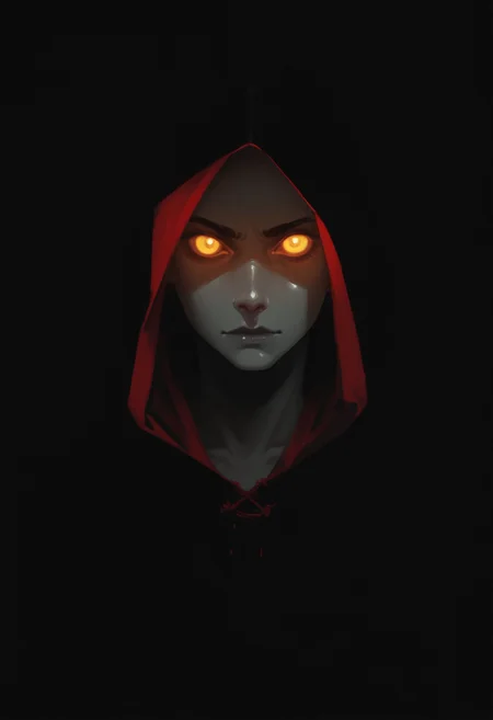 , depth of field,  dynamic lighting, outdoors, , , black background, solo, 1girl, yellow eyes, hood, looking at viewer, colored skin, glowing eyes, hood up, closed mouth, grey skin, glowing, portrait, , darkness, black cloak,  hooded cloak, black skin, zPDXL3, detailxl,  Score_PnyReal, (lineless:1.5)