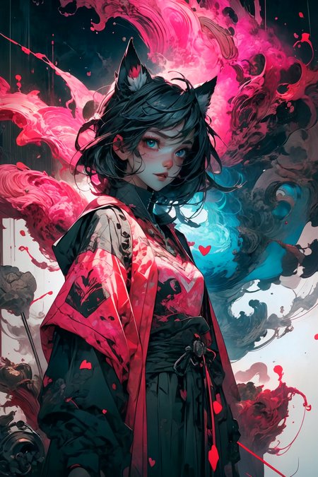 illustration, cartoon, soothing tones, calm colors, (solo:1.1), a digital arf of a undead girl, (pink, heart, love:1.1), wounds, (deathcore:1.2), mistery pink forest, extreme detail, paper texture, 2d, (pascal campion:0.38), vivid colors, (painting art:0.06), [eclectic:clear:0.8], slate atmosphere, cinematic,  muted colors, film grainy, lut
<lora:more_details:0.4>
 <lora:Cosmic anime-oil fusion v2:0.45> 
<lora:AnimeVibesV3:0.3> animevibes, 
<lora:3DMM_V11:0.5> 3DMM 
<lora:midjourney_20230624181825:0.7> midjourney ,
 <lora:LAS:0.5> cloud,colorful,
<lora:msw_locon-t2:0.6>
 <lora:wuxia2:0.6> gu,
 <lora:CyberpunkStyleV1:0.2> PunkAI ,
<lora:CatgirlMaidV1.0-000003:0.35> CatgirlMaid, shiny, shiny hair, shiny skin, shiny clothes