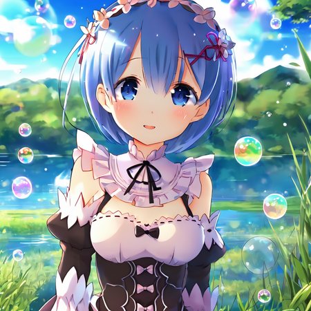 4k,a cute girl,standing in water,lake,grass,surrounded by colorful bubbles,detailed anime style,upper body,rem (rezero),<lora:rem (rezero):1>,