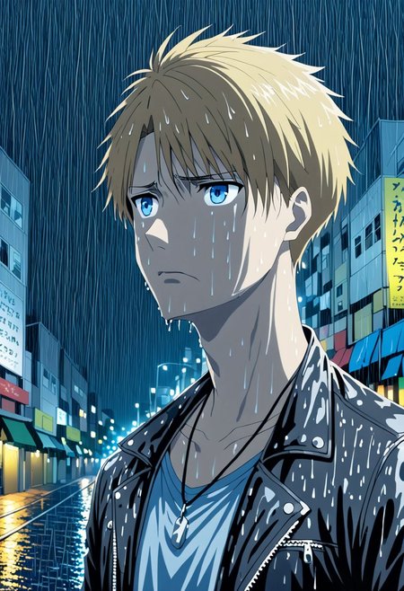 high resolution, solo, best quality, 1Boy, Yamato Ishida, Blond Hair, Blue Eyes, Necklace, heavy rain, downtown, night, looking down, sad, leather jacket, looking away, wet, wet hair, OverallDetail