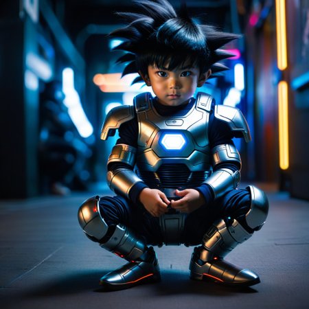 live action cyborg lil goku 2 years old from dragon ball z, super saiyajin, dark alley, black  hair, sitting on the floor, crossed arms
Arasaka robotic implants, neon light, nightcity, cyberpunk, futuristic, hyperrealistic, view to camera  <lora:Aether_Glitch_v1_LoRA:1.1> <lora:CyberPunkAI:1> SFW (Safe for Work)  <lora:ectoV5:2>   <lora:lego_v2.0:2>  <lora:MalwareTech:3>