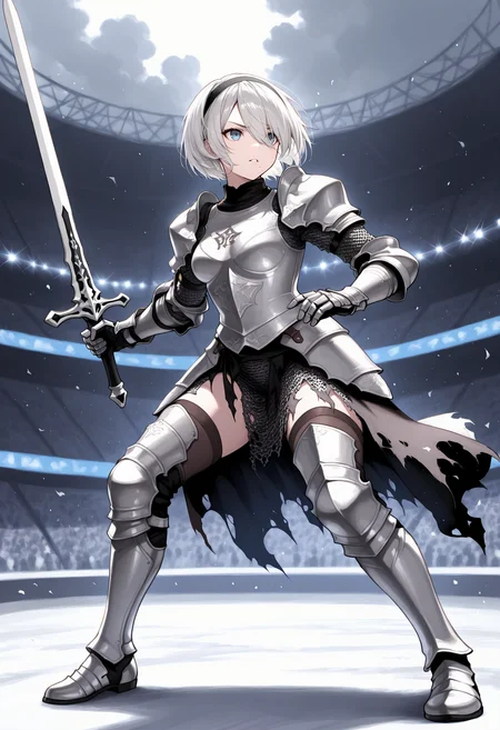 masterpiece, best quality, 1girl, solo, tw0B, mole under mouth, short hair, hair over one eye, white hair, armor, breastplate, shoulder armor, plate armor, knight, (chainmail), arena, audience, fighting stance, full body, looking ahead, blue eyes, black hairband, gloves, gauntlets, greaves, boobplate, (armored dress), dress, cloudy sky, legs apart, (torn clothes:1.3), torn dress, holding sword, sword, serious, frown, raised eyebrow, parted lips